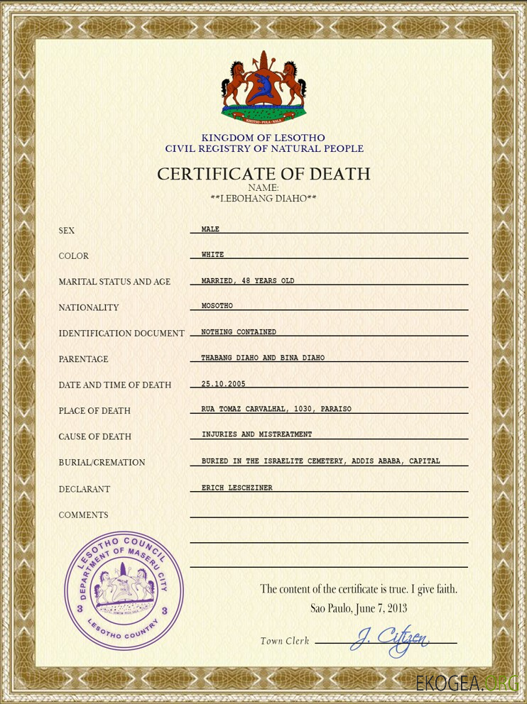 Modèle PSD de certificat de décès de l'état civil du Lesotho